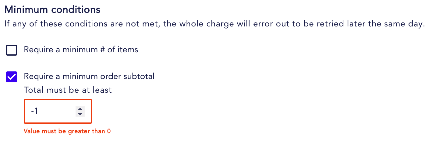 require minimum order subtotal error in order processing settings