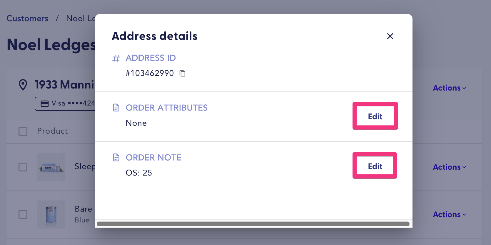 Edit attributes or notes pop-up modal