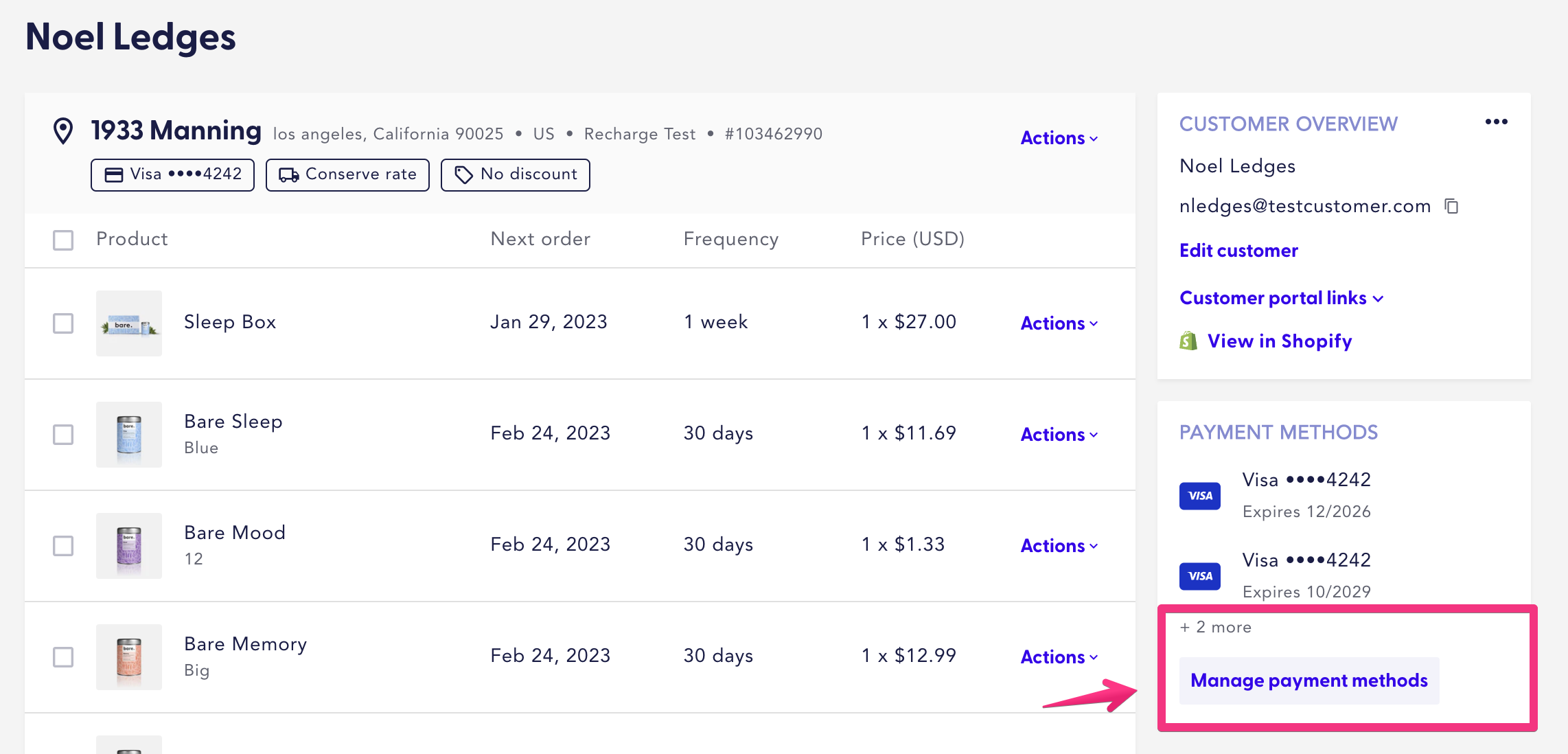 Manage payment methods section in the Customer details page