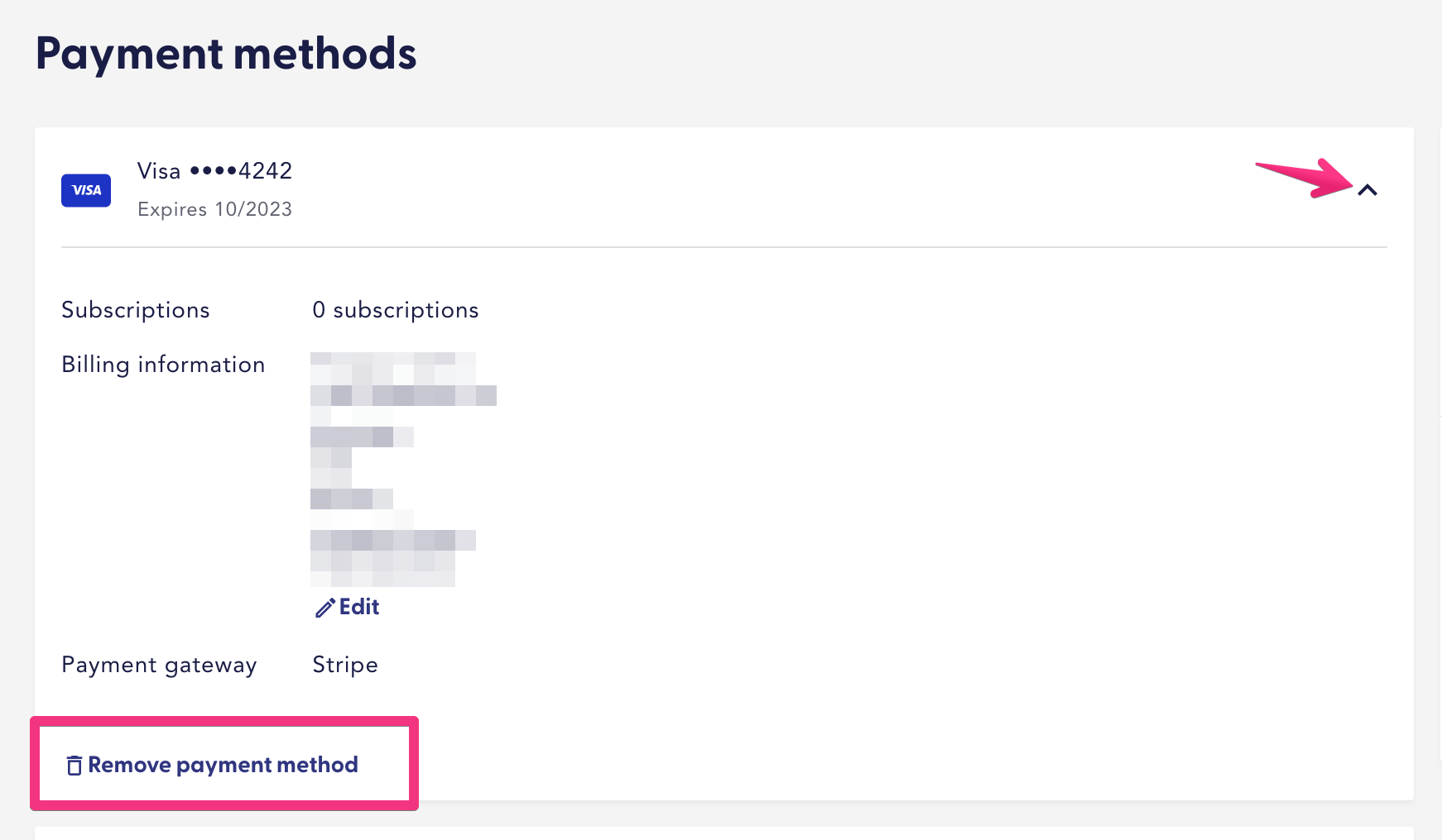 Remove payment method on the payment methods page
