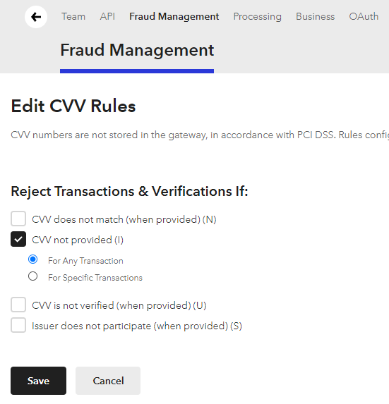 Braintree CVV settings page