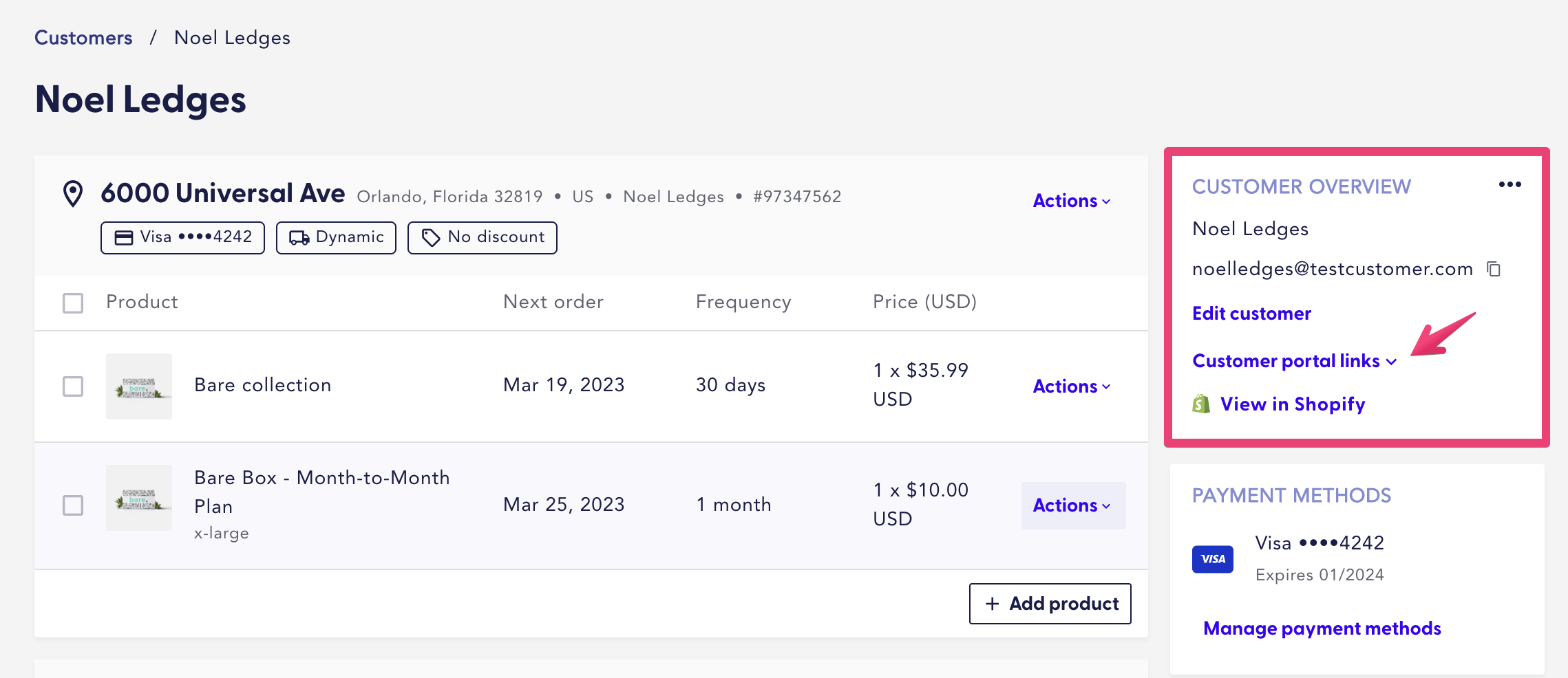 Customer portal links drop-down in the merchant portal