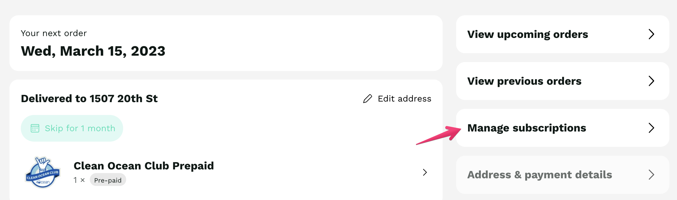 Manage subscriptions button in the customer portal