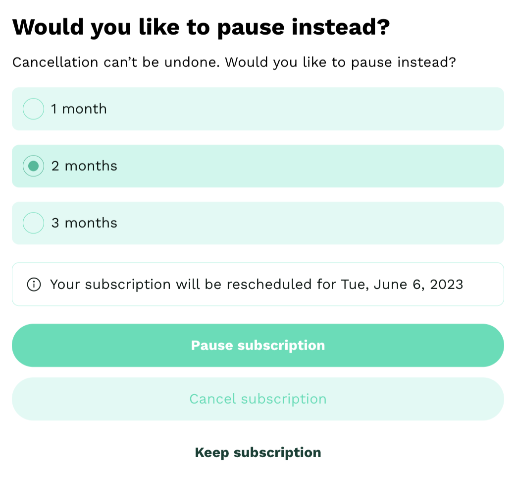 Pause subscription pop-up window in the customer protal
