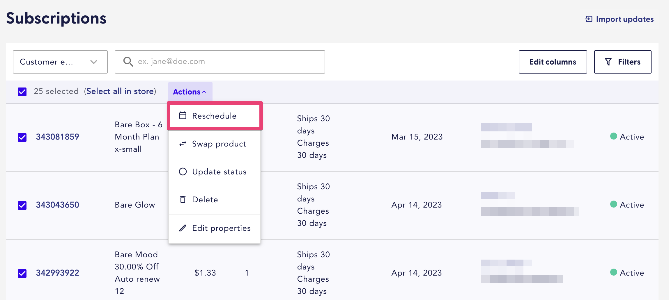 Reschedule charge dates bulk update option in the merchant portal