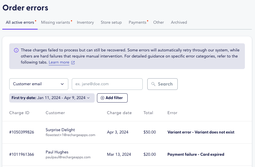 Order errors page