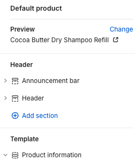 Shopify sections shown when you customize a theme in Shopify