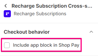 The image shows the Include app block option in Shop Pay.