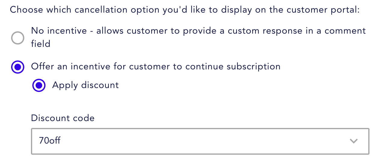 The discount code field is available when configuring a cancellation reason