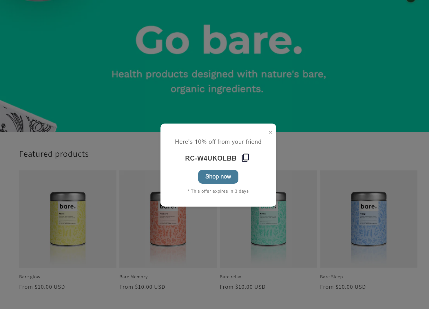 Pop-up modal showing a 10% off referral code (RC-W4UKOLBB) with a 'Shop now' button and an expiration notice of 3 days, over a product page for Bare health products.