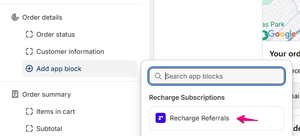 Shopify admin panel showing the Recharge Referrals app block under Recharge Subscriptions.