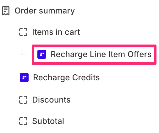 Shopify Theme Editor settings showing the 'upsell individual line items' app block