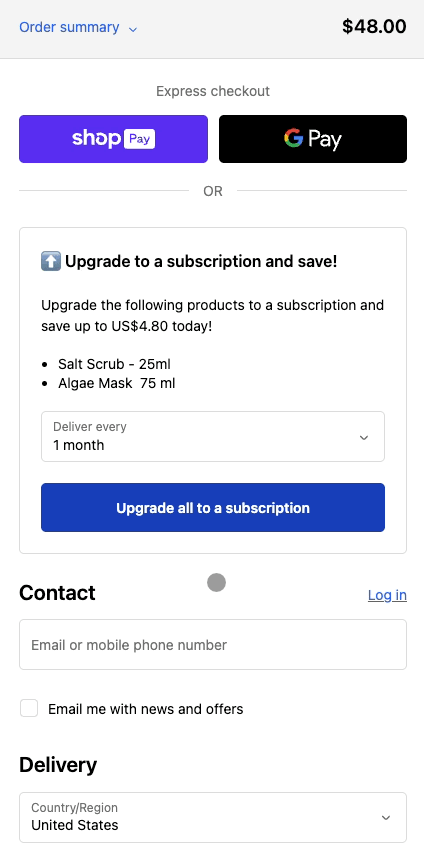 Checkout page with express payment options, a subscription upgrade offer, contact fields, and delivery details.