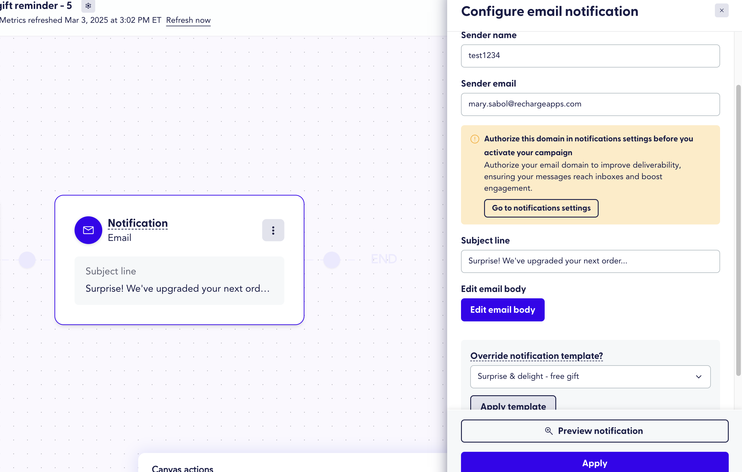  The image shows a Recharge settings interface for the Notification node, with different options for configuring email notifications.