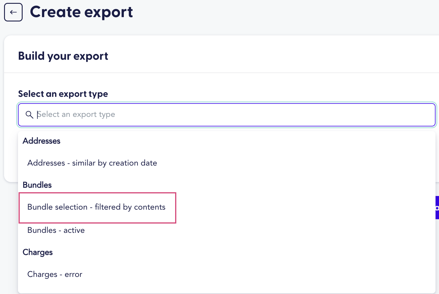 The image displays the select an export type options, with the Bundle selections - filtered by contents option highlighted.