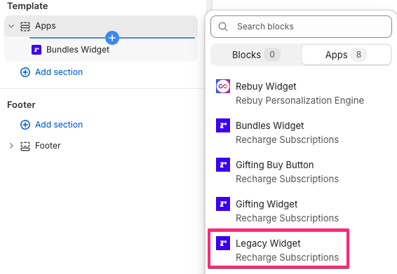 a screenshot of the Shopify Theme Editor with the Legacy Widget highlighted