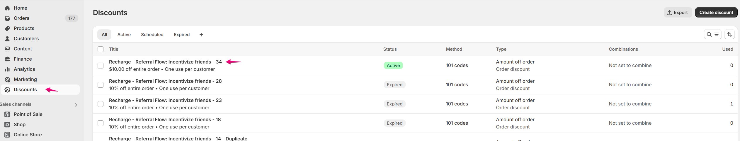 Shopify Discounts page showing multiple Referral Flow: Incentivize Friends discounts, with one active discount and others expired. 