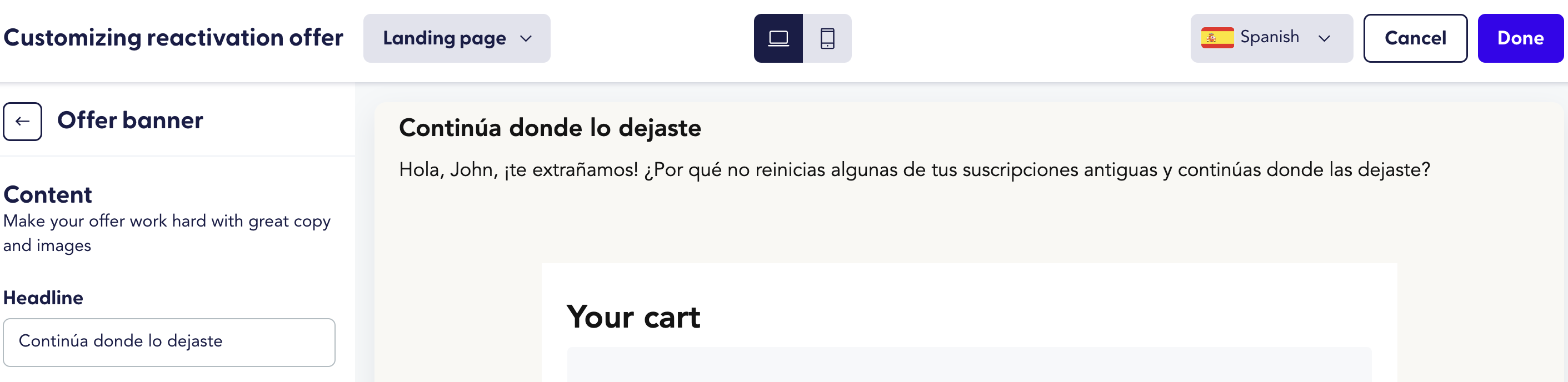 UI screen for customizing a reactivation offer with Spanish language selected.







