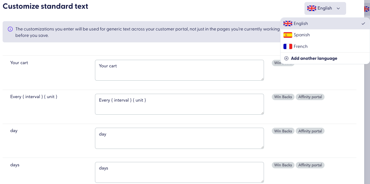 UI screen for customizing standard text with language selection options, including English, Spanish, and French. Editable text fields and contextual tags like 