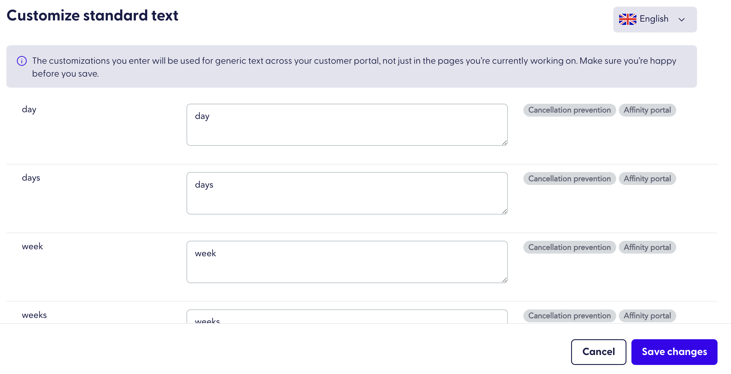 A settings page for customizing standard text like 