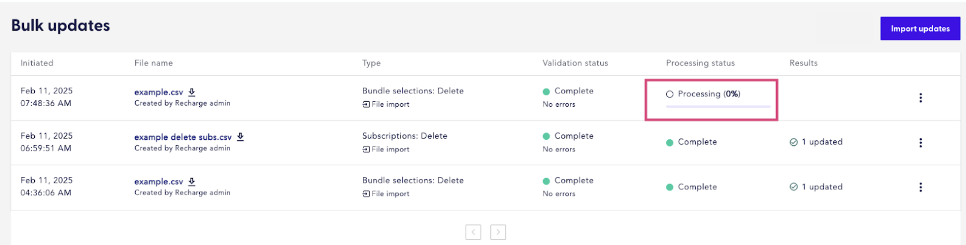 The image display Bulk updates page, showing the action in Processing stage.
