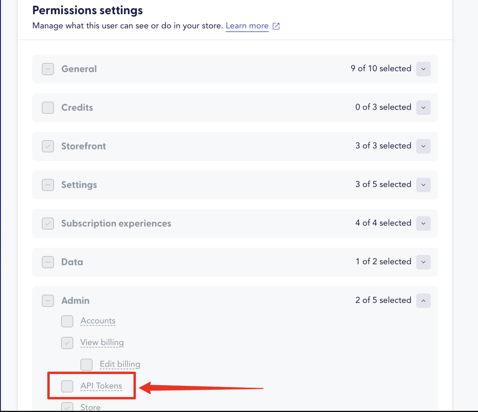 The image shows the API Tokens permission in the Permissions settings page