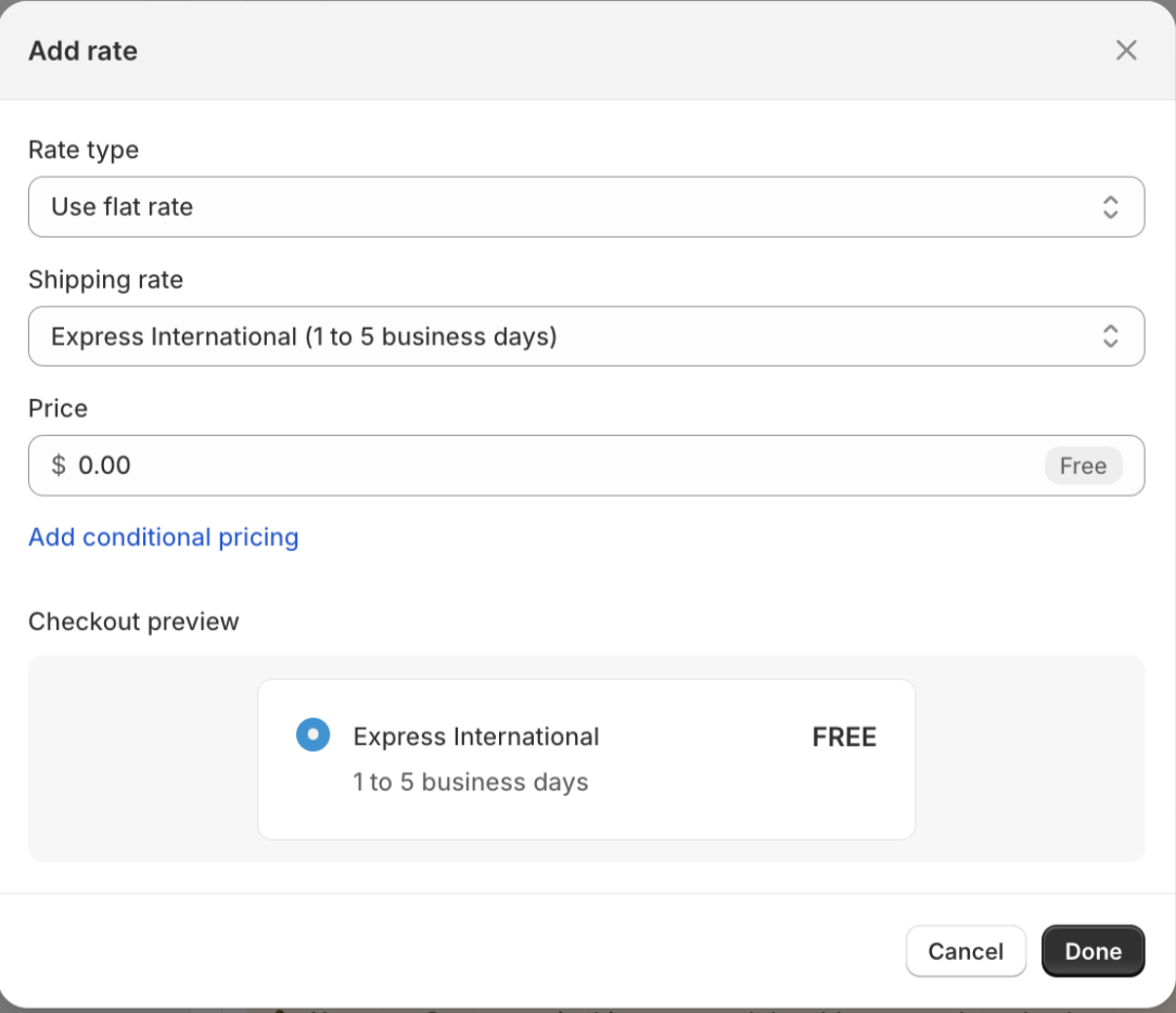 The image displays the Add rate page with required fields for Rate type, Shipping rate, Price, and optional Add condition pricing, which users must complete before saving.
