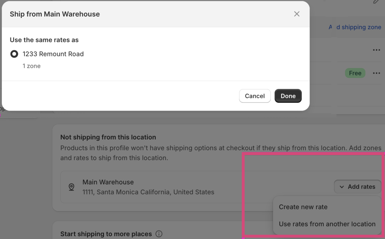 The image shows options to create new rate by location or inherit the rates from a previously configured location. 