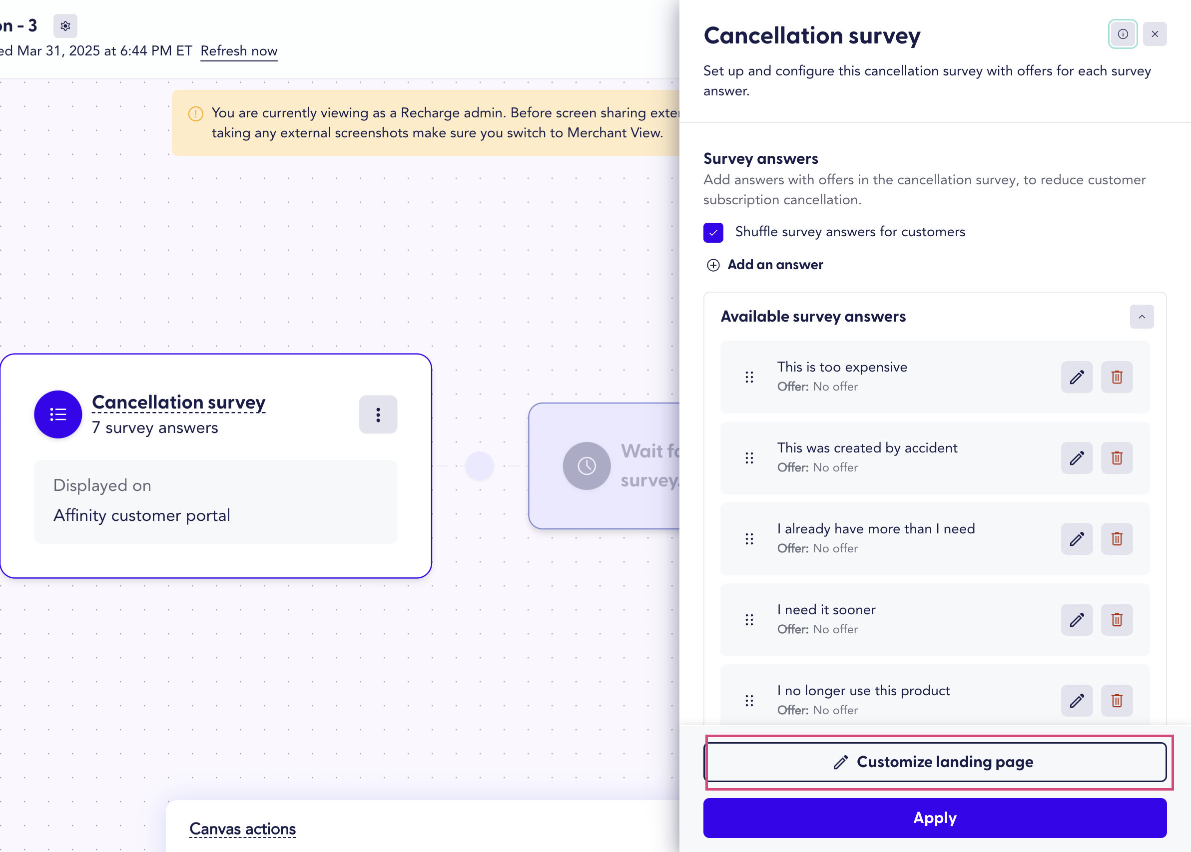 The image shows the customize landing page button