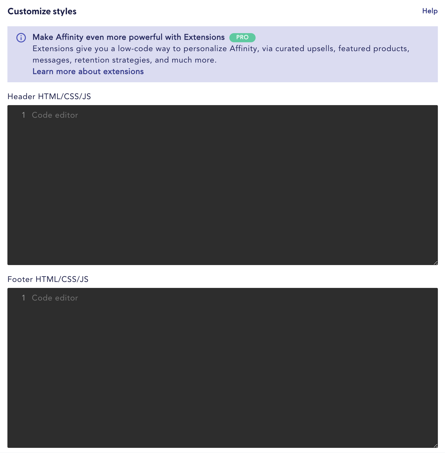 Shows the CSS, HTML, or JavaScript code editor in Header and Footer