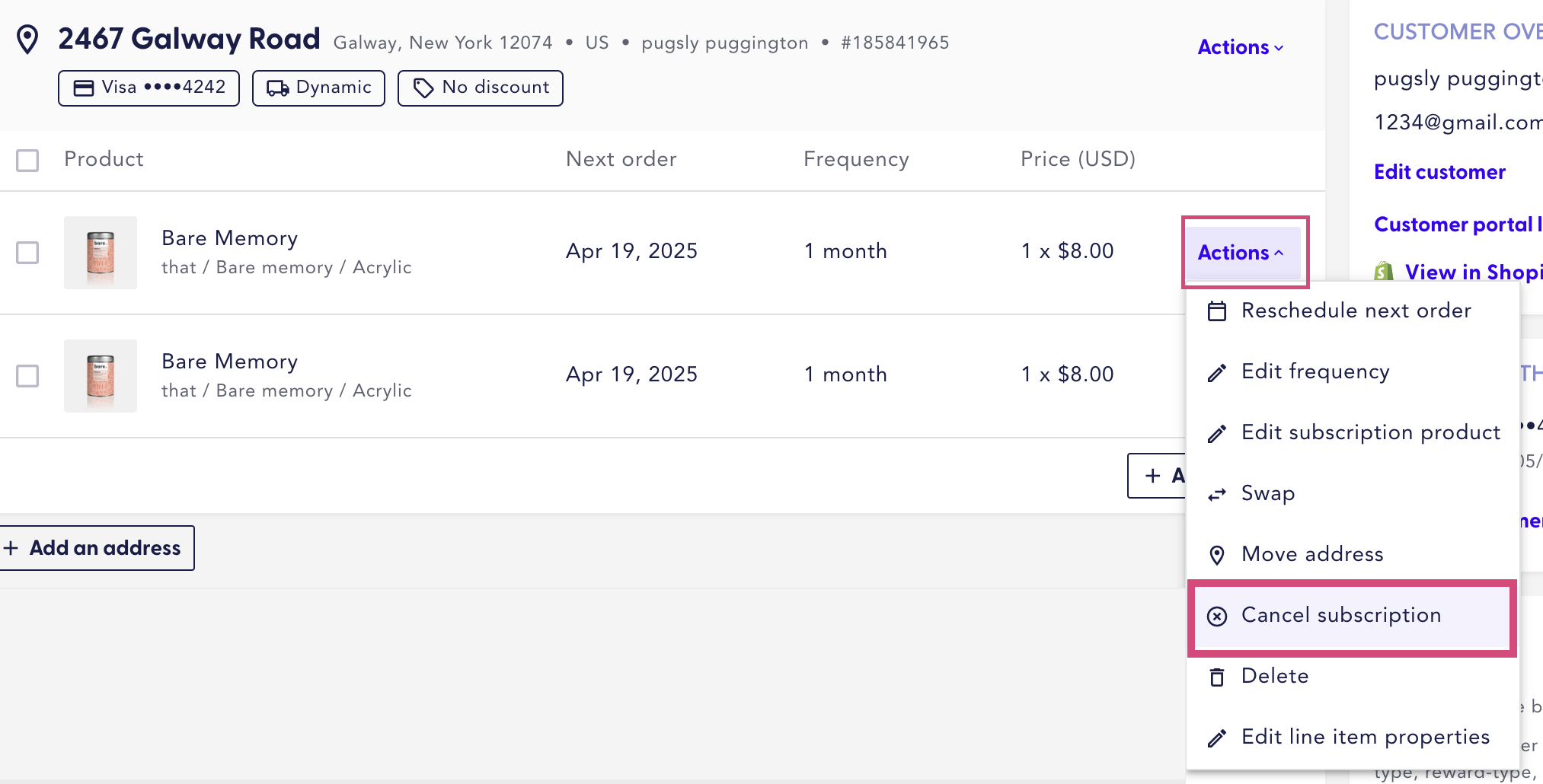 Displsy the Actions and Cancel subscription option