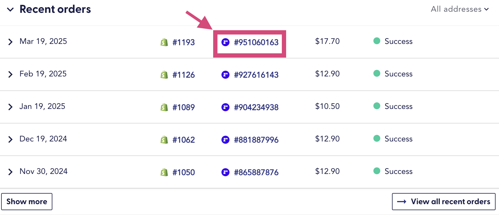 The image shows the Recharge Order ID