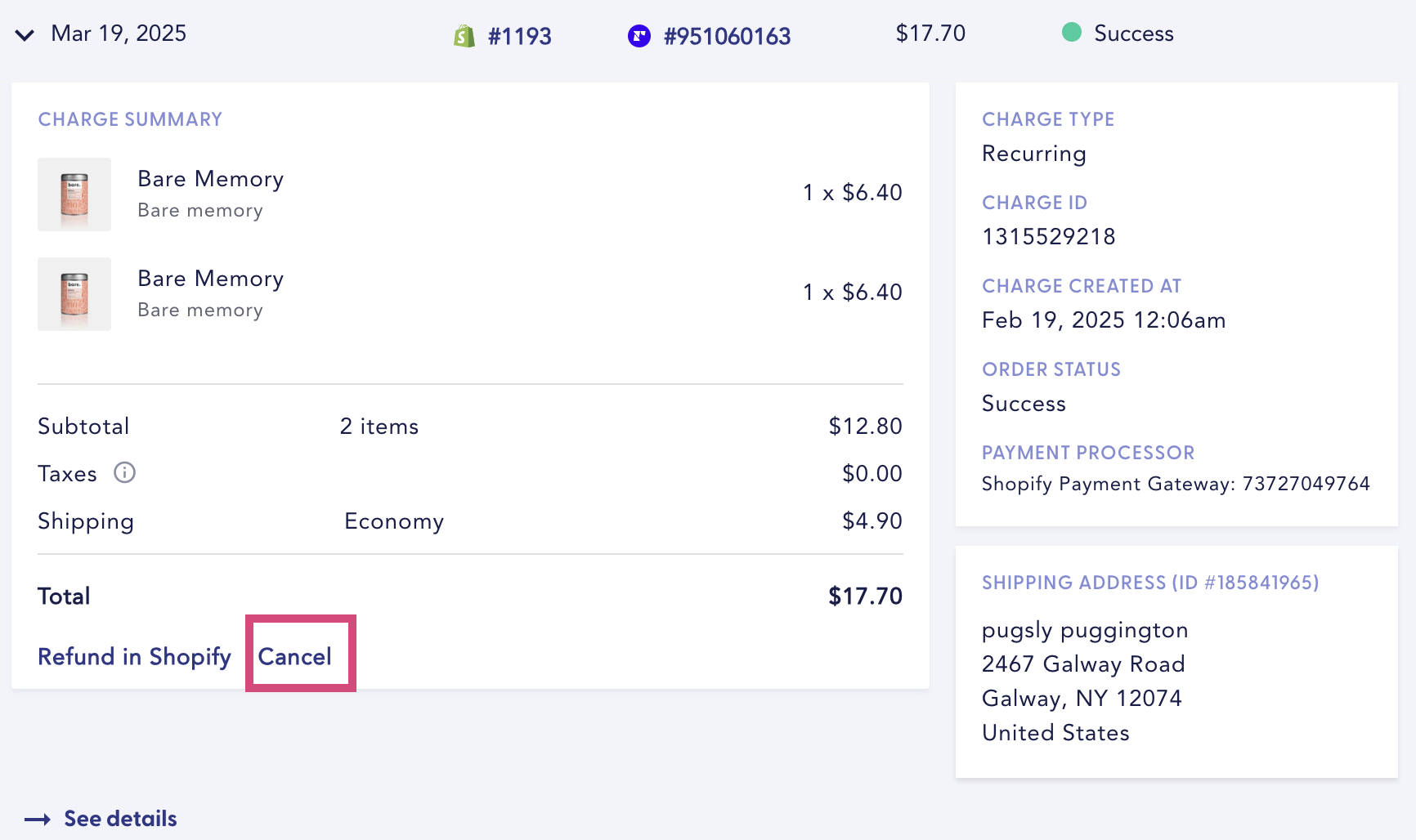 The image shows the Cancel in the Order details panel
