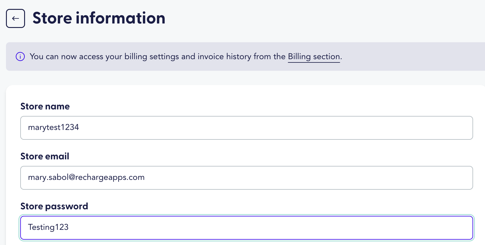 The image shows the Store information page, and Shopify password in the Store password field