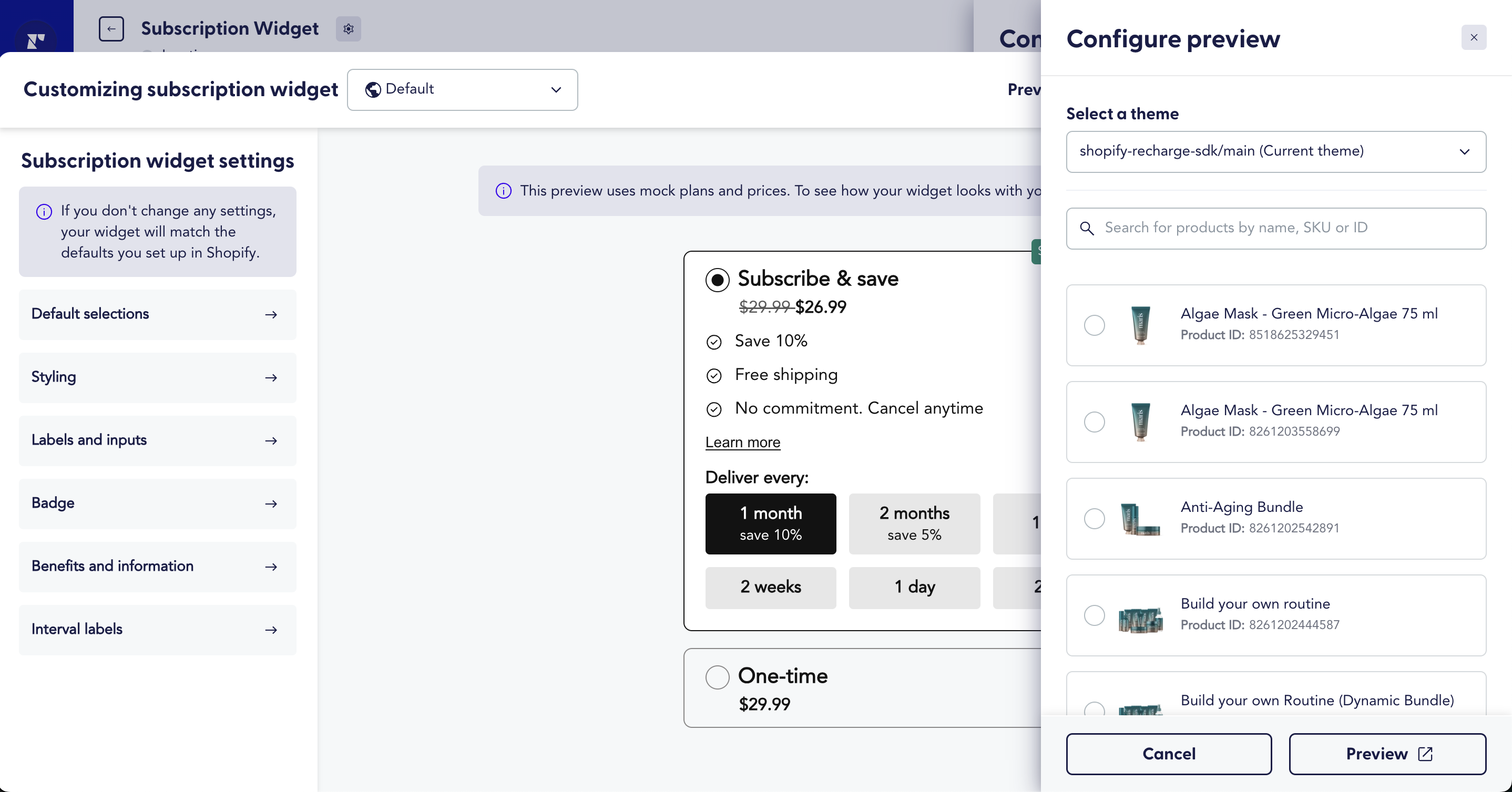 Subscription widget customization interface showing subscription settings, product selection, and preview options.