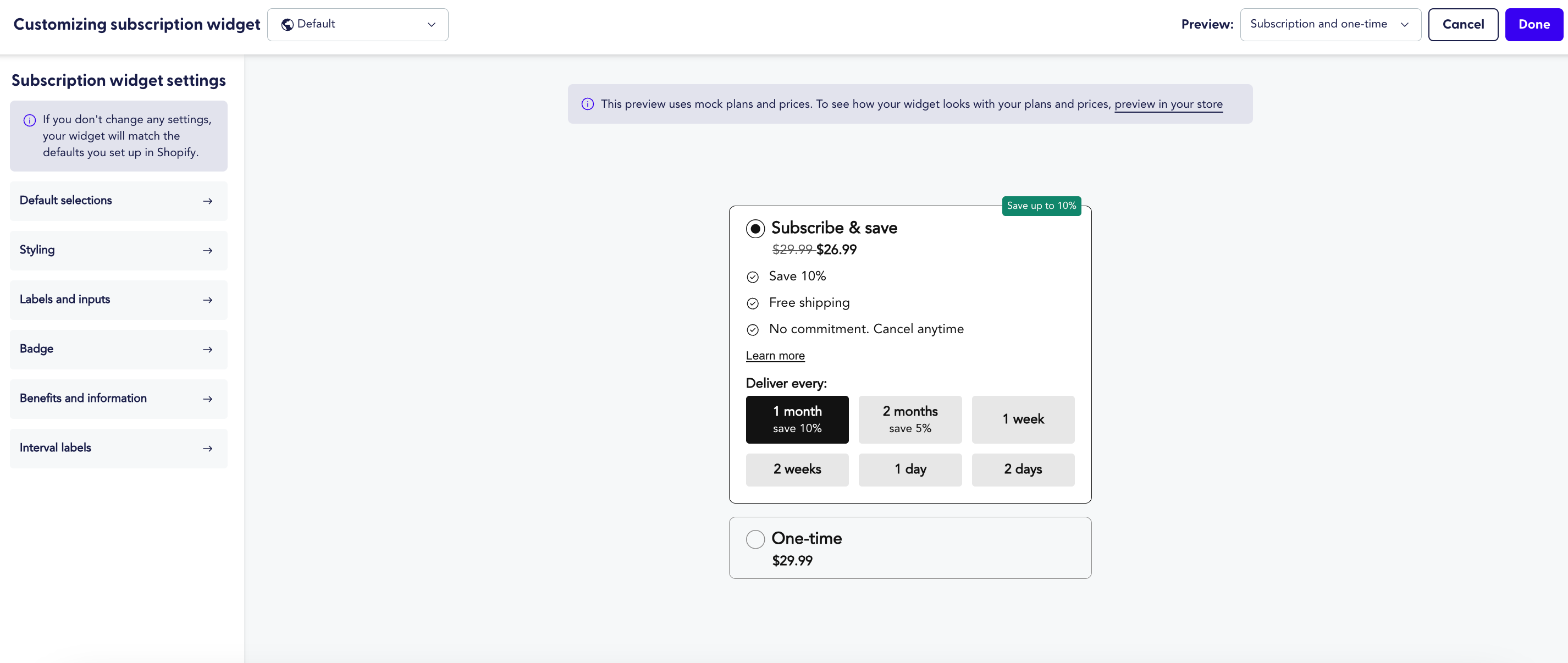 Recharge subscription widget customization interface with options for default selections, styling, labels, badges, benefits, and interval labels.