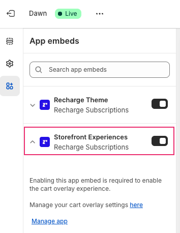 The image shows the Storefront Experiences toggled on in the live theme.