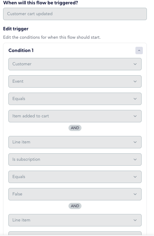 The image shows Recharge setting the uneditable trigger conditions for the Cart drawer overlay experience under Trigger node.
