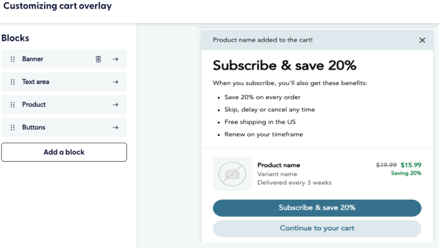 The image shows the cart builder with customization options for cart overlay experience.
