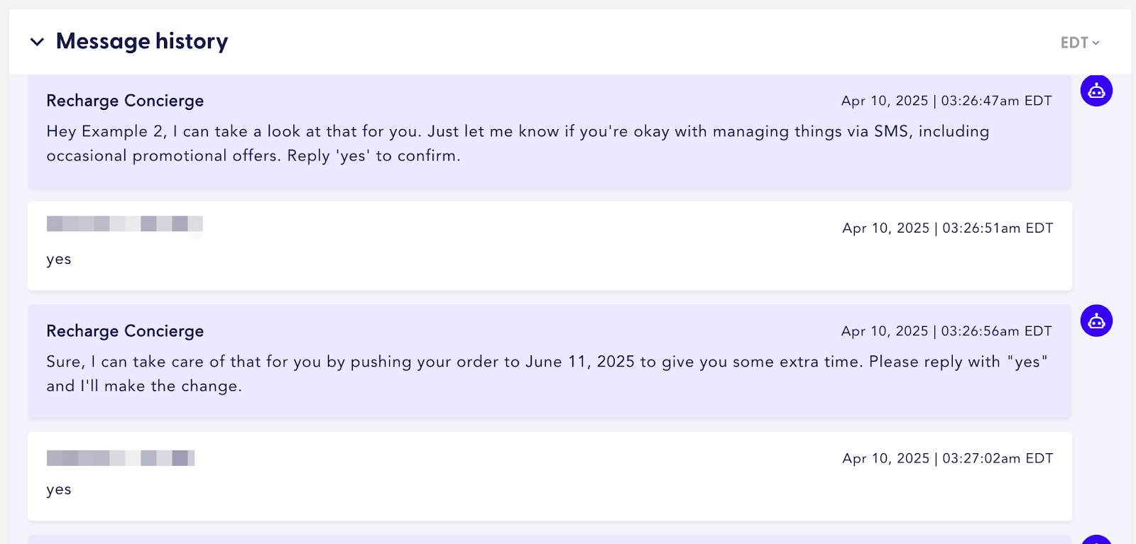 Message history showing a customer interaction with Concierge SMS