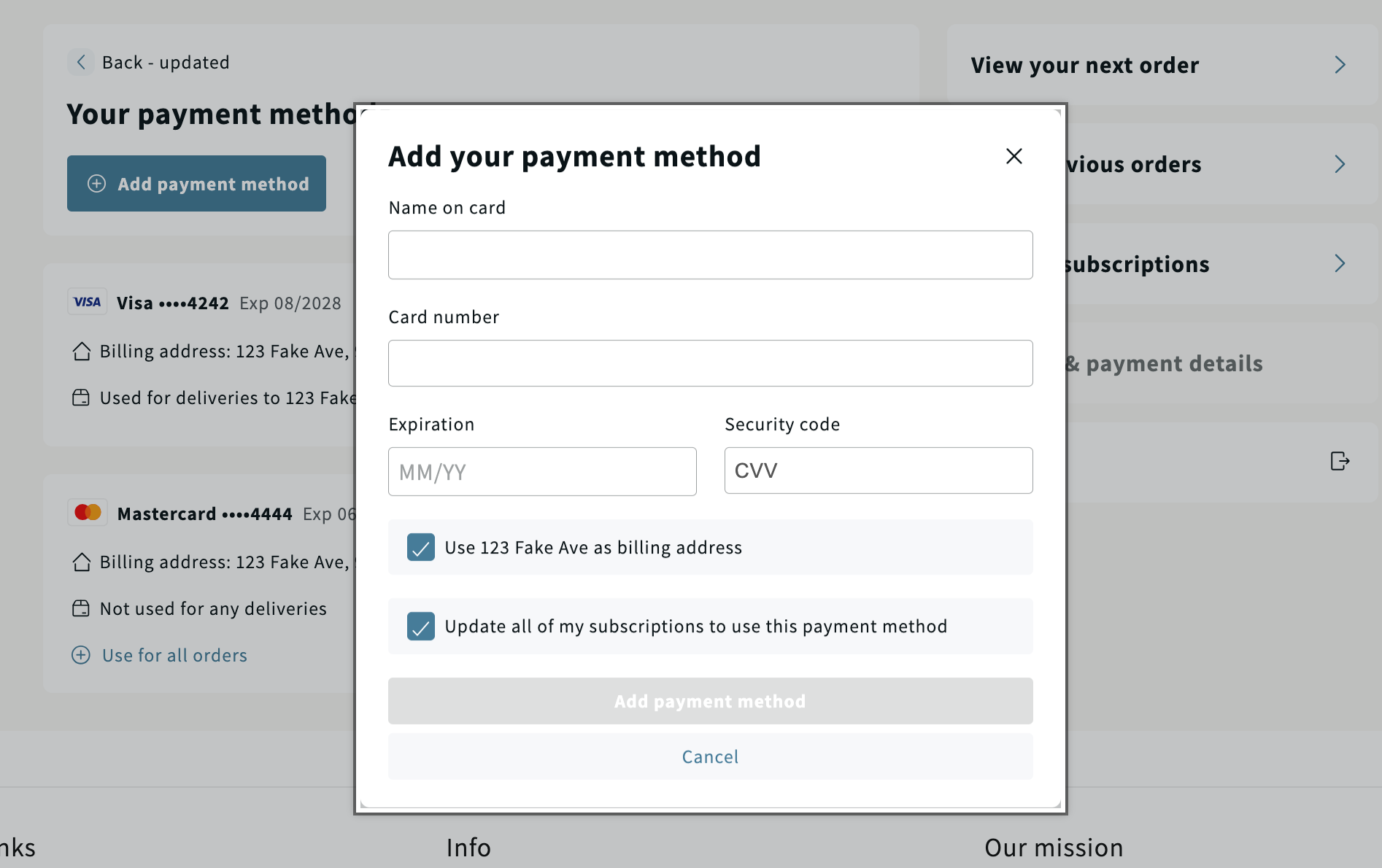 A screenshot of the frictionless payment update screen in the Recharge customer portal