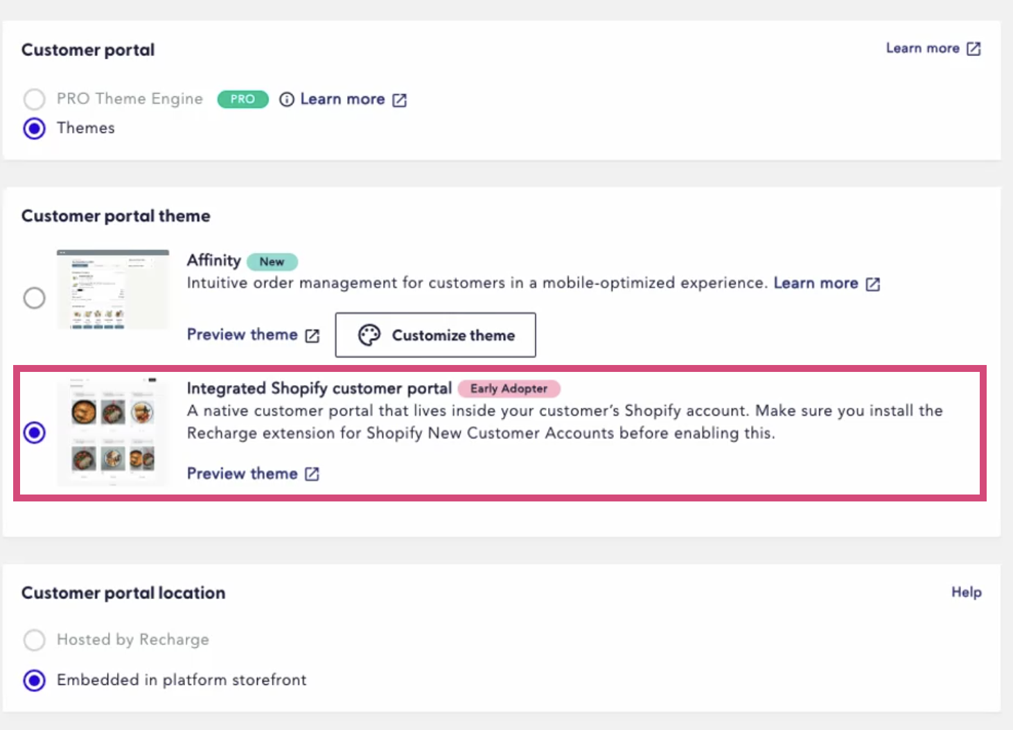 The image shows the Integrated Shopify customer portal theme enabled