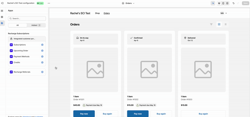 The gif shows how to add the Subscription, Upcoming Orders, and Payment Methods extensions to your theme