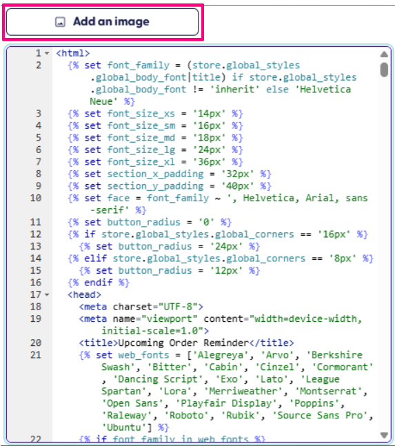 A screenshot of the Edit Email Body tab highlighting the location of the Add Image button