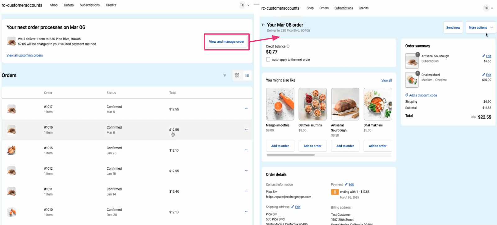 This image shows the subscription management experience within Shopify's customer accounts
