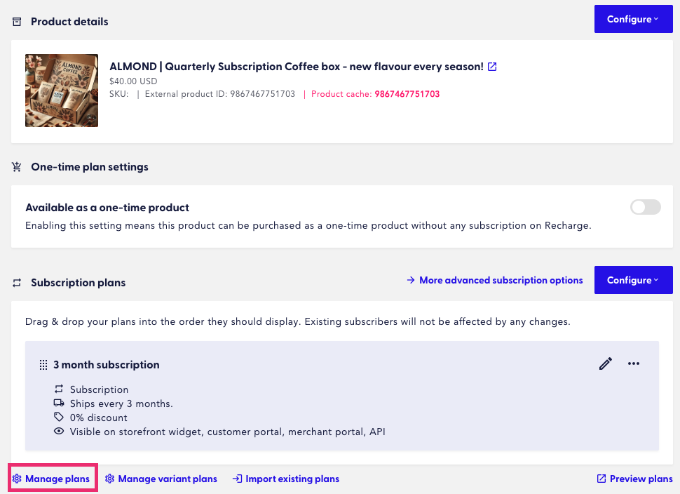 The image shows the Manage plans option.