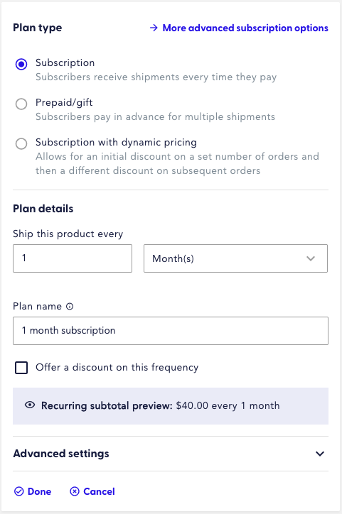 The image displays the Plan type, Plan details, frequency, and plan name fields.