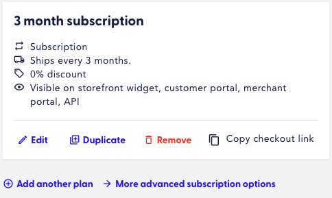 The image shows the Duplicate, Copy checkout link, and Add another plan options.