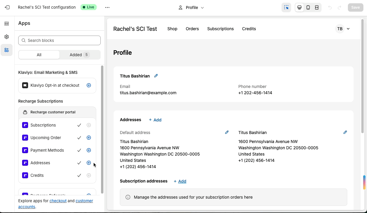 Customer portal showing the Profile page with a list of addresses for Titus Bashirian, while the admin adds the 