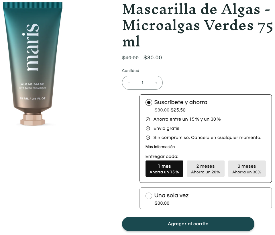 Product page for a 75ml green microalgae algae mask showing a discounted price, subscription savings options with delivery every 1, 2, or 3 months, and a single-purchase option width=